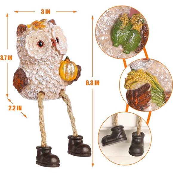 Set of 3 Thanksgiving Figurines, Resin Owl Shelf Sitters with Dangling Legs - Picture 3 of 8